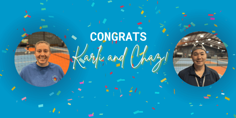 Headshots of our two staff members with a festive blue background