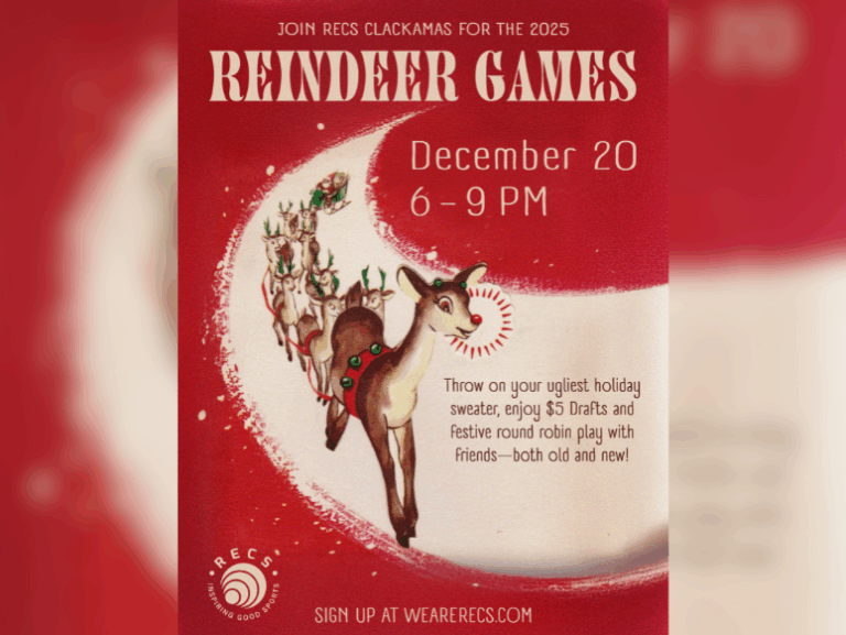 RECS Reindeer Games Poster with Vintage Reindeer Artwork and details about the event happening on December 20 from 6-9 PM at RECS clackamas