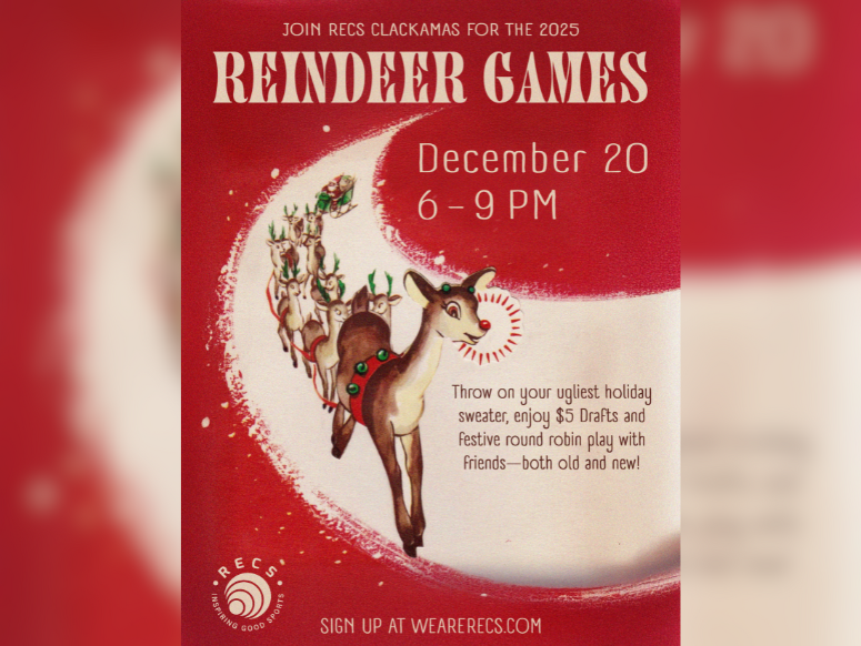 RECS Reindeer Games Poster with Vintage Reindeer Artwork and details about the event happening on December 20 from 6-9 PM at RECS clackamas